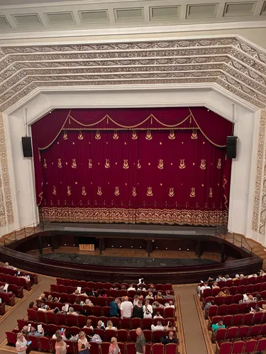Большой зал театра: партер, ярусы и занавес с гербовым орнаментом